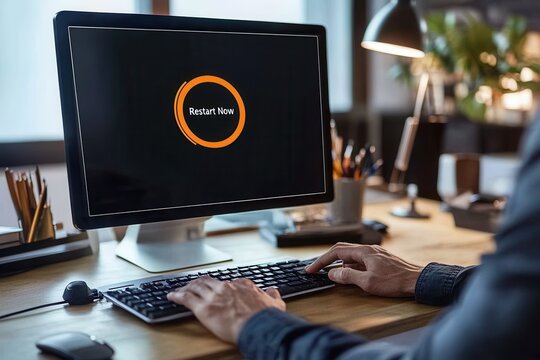 Close-up of Hands on Keyboard During Computer Restart with "Restart Now" on Screen in Modern Office Setting for Technology and Workspace Themes