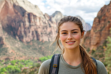 Naklejka premium Woman with a serene smile, standing in front of a scenic landscape
