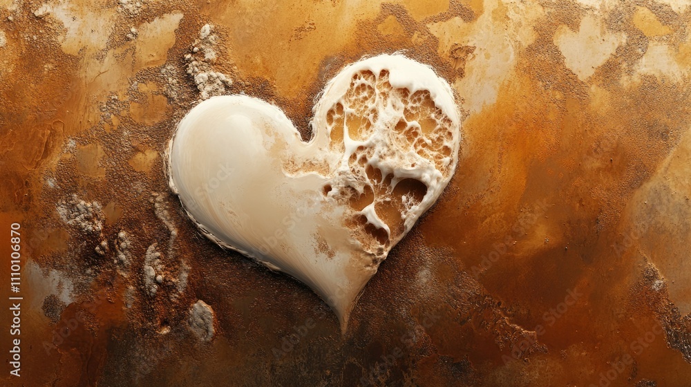 Poster a delicate heart shape made of creamy substance on a rich brown surface, creating a soft, romantic f