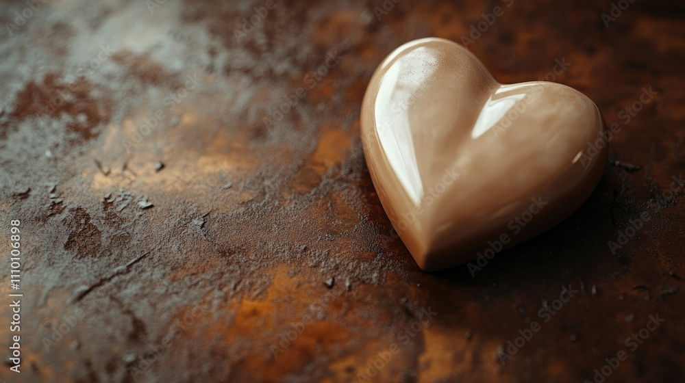 Poster a delicate heart shape made of creamy substance on a rich brown surface, creating a soft, romantic f