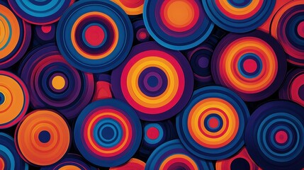 Fototapeta premium A vibrant abstract pattern featuring concentric circles in bold hues of orange, blue, and magenta. The overlapping designs and subtle gradients add depth and visual interest. The energetic style 