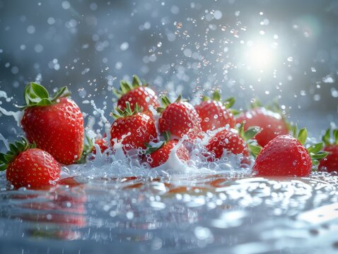 studio shot realistic photography, wide shot of a lot of strawberrys a half of it are falling and drop and sink into water bubble, splash