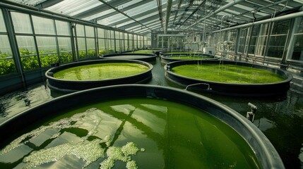 Fototapeta premium A greenhouse containing large circular tanks of green algae, emphasizing sustainable practices in biofuel production or aquaculture in a clean, controlled environment
