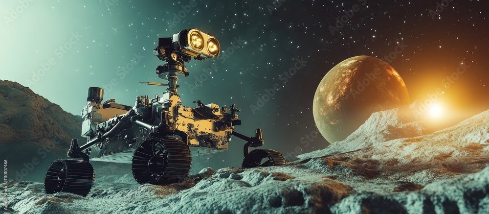 Poster robotic rover exploring an alien planet's surface with a large celestial body and sun in the backgro
