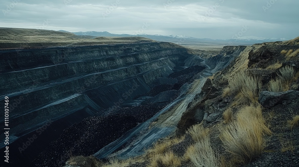 Poster a high-angle shot of an open-pit coal mine, highlighting the layered excavation of coal and the scal