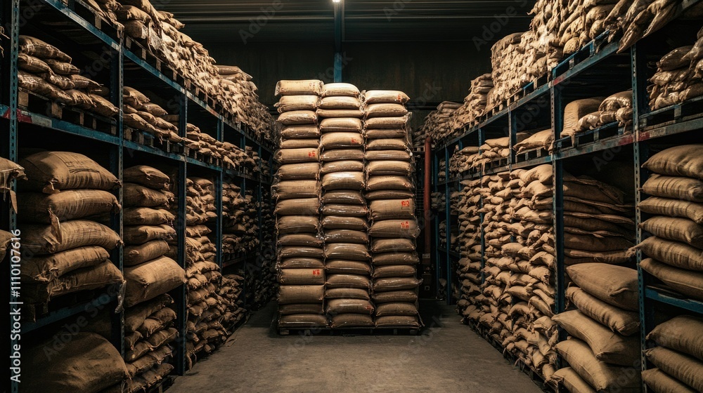 Poster A large warehouse with neatly organized stacks of bags, creating a sense of order and efficiency in an industrial storage facility