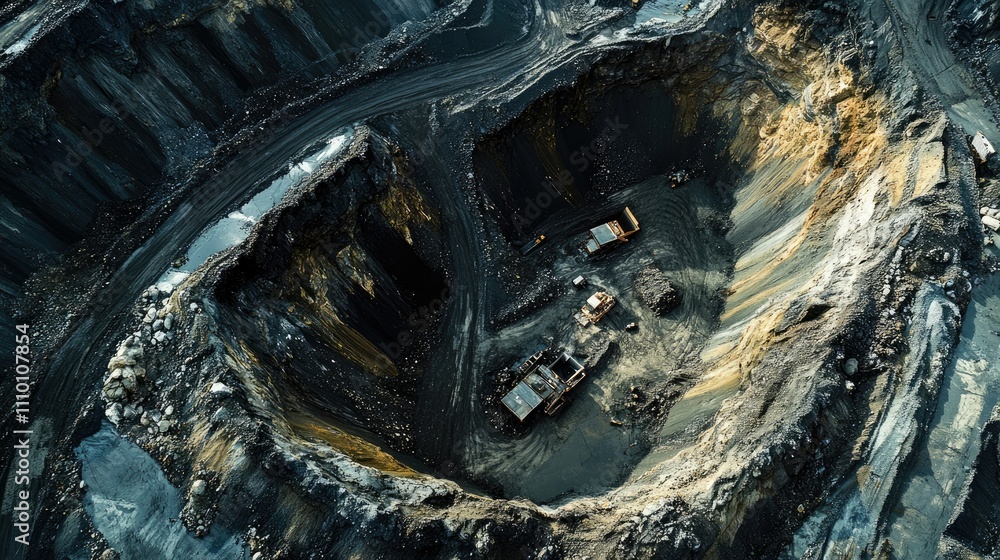 Poster a panoramic aerial view of a large open-pit coal mine, showcasing the intricate layers of earth and 