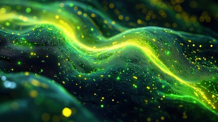 An abstract circuit board design with glowing nodes and pathways in vibrant green and yellow. The patterns flow organically like rivers, blending the technical with natural forms. The intricate 