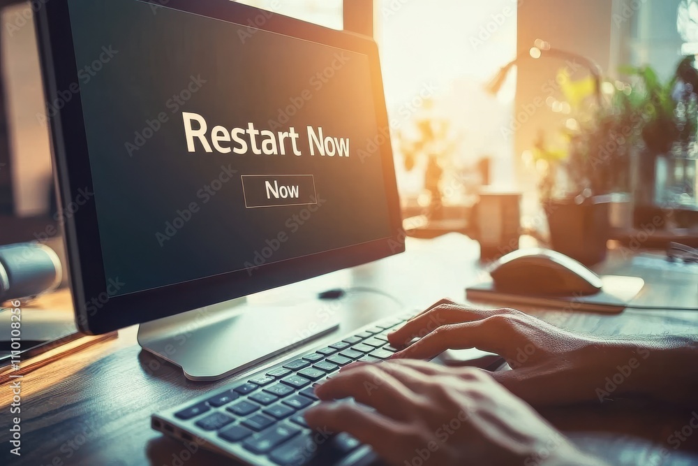 Poster computer screen displaying 'restart now' message with hands typing on keyboard in a modern home offi