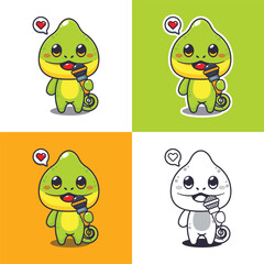 cute chameleon holding microphone cartoon drawing