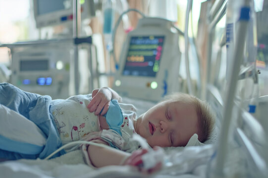 baby 1 year lies in a hospital ward, connected to life support equipment, monitors