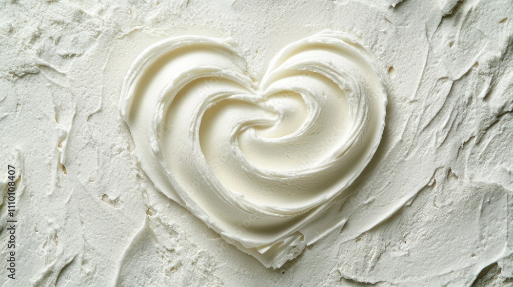 Poster a smooth swirl of whipped cream forming a heart shape, placed on a textured surface, symbolizing swe