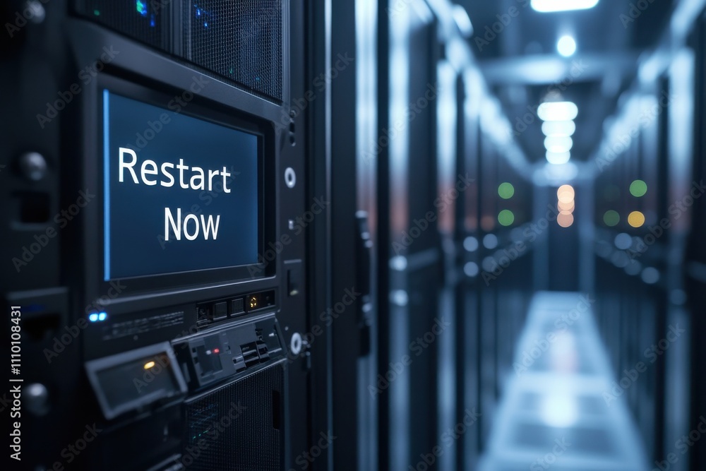 Poster computer server room with restart prompt on screen, highlighting data center operations and technolo
