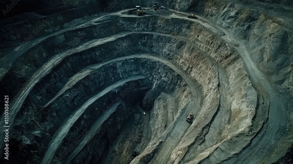 Aufkleber a sweeping aerial view of an open-pit coal mine, capturing the layers of excavation and the industri