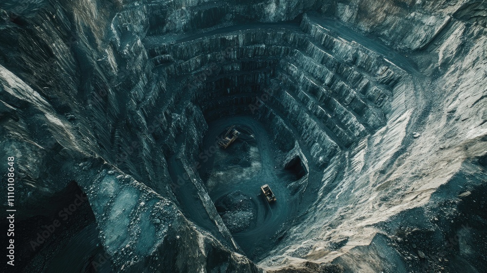 Poster a sweeping aerial view of an open-pit coal mine, capturing the layers of excavation and the industri