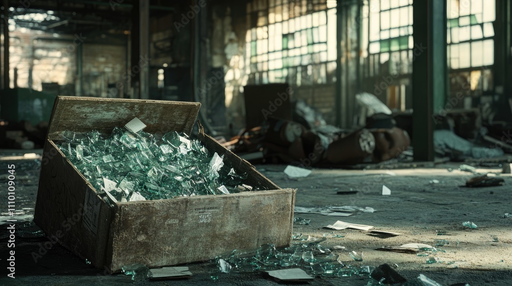 Poster a warehouse scene featuring a box filled with shards of broken glass, with an industrial backdrop hi