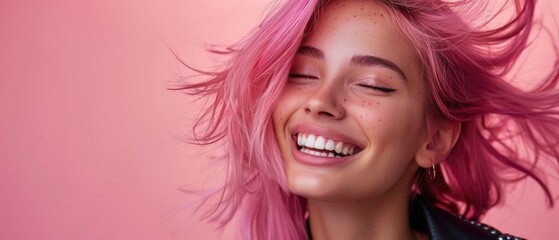 Fototapeta premium Woman with pink hair smiling and throwing her head back