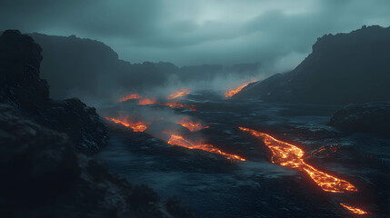 Glowing Lava Flow in a Volcanic Landscape