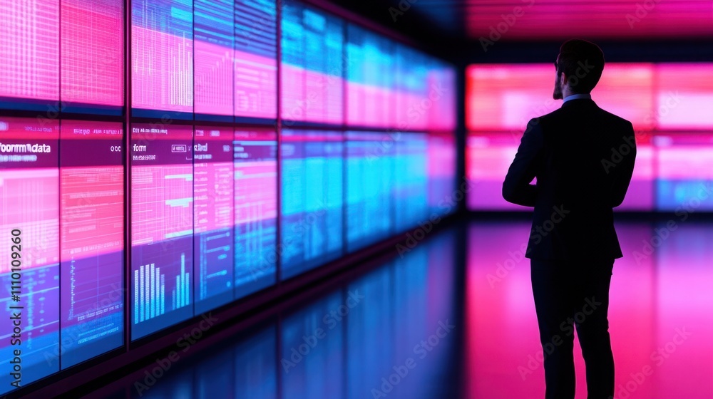 Poster businessman analyzing colorful data visualizations in a modern futuristic office environment with ne