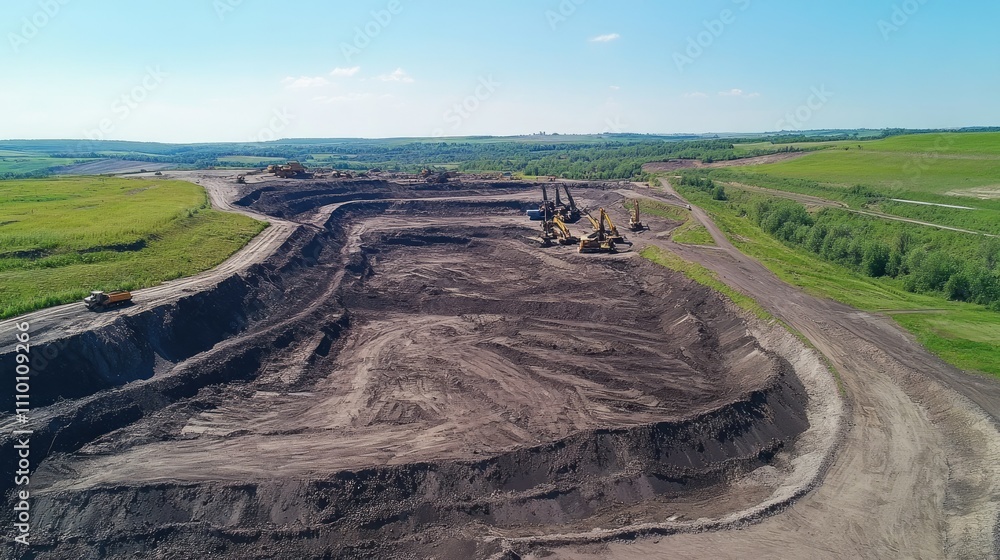 Aufkleber Aerial view of a large open-pit coal mine, with visible layers of coal and massive machinery, showing the scale of the excavation process