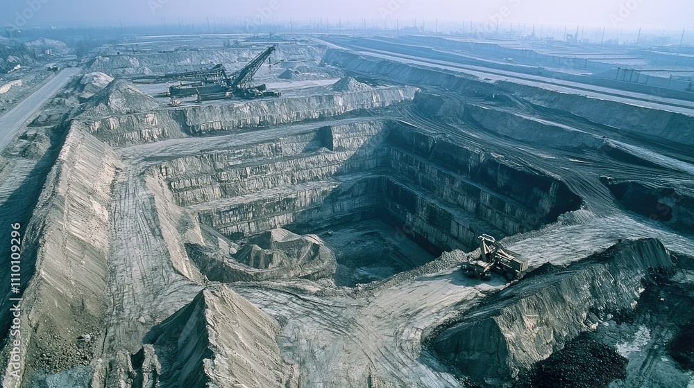 Aufkleber Aerial view of a large open-pit coal mine, with visible layers of coal and massive machinery, showing the scale of the excavation process