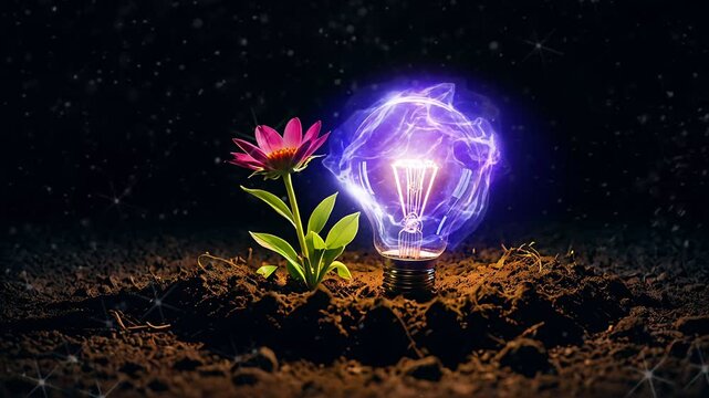 Pink flower blooming next to a glowing lightbulb on fresh soil under a starry sky