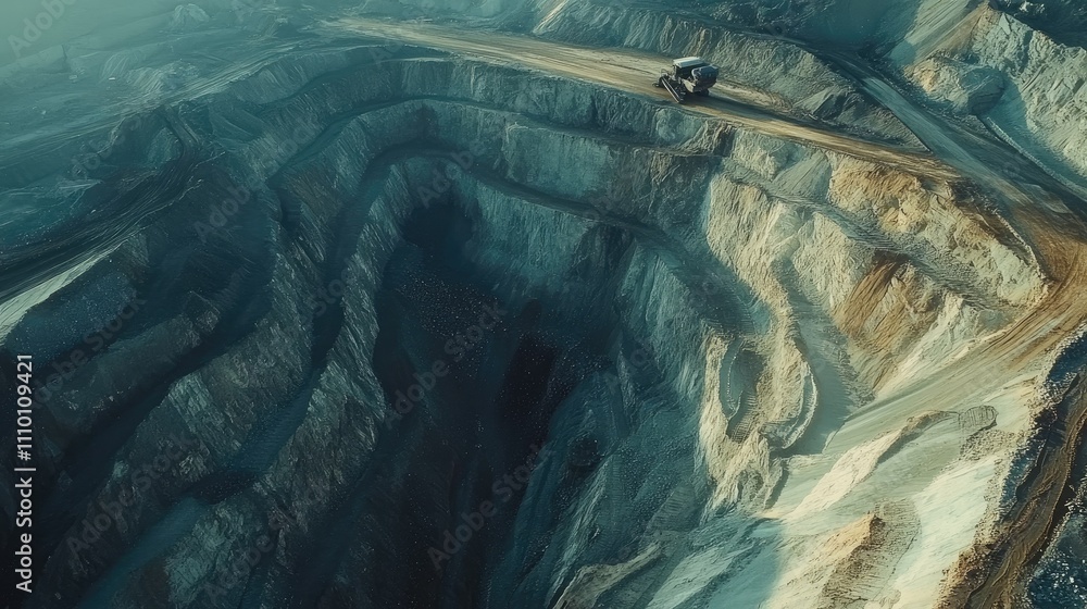 Poster an aerial view of a vast open-pit coal mine, showcasing layered excavation and massive machinery at 