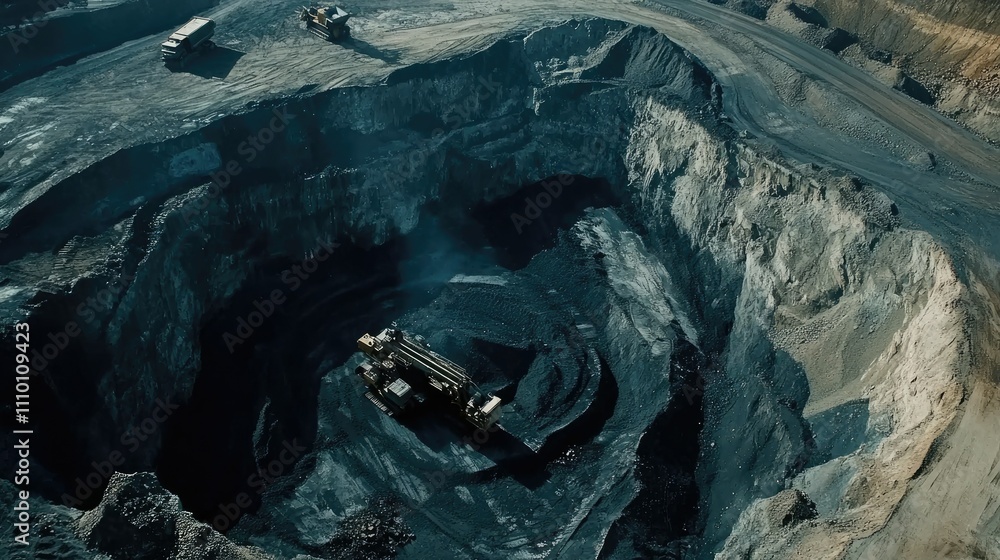 Poster an aerial view of a vast open-pit coal mine, showcasing layered excavation and massive machinery at 