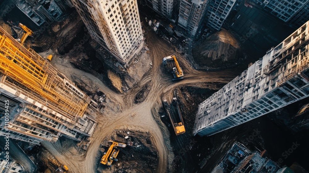 Poster an aerial view of a vast open-pit coal mine, showcasing layered excavation and massive machinery at 