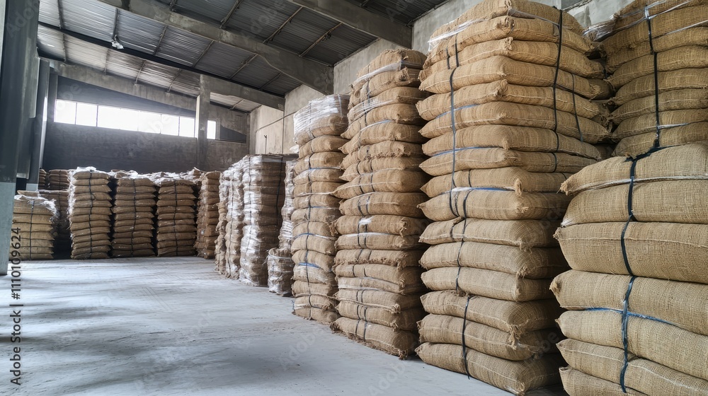 Poster burlap sacks stacked high in a warehouse, likely containing grains or raw materials for storage and 