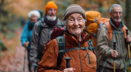 Fototapeta premium Senior hikers in autumn forest