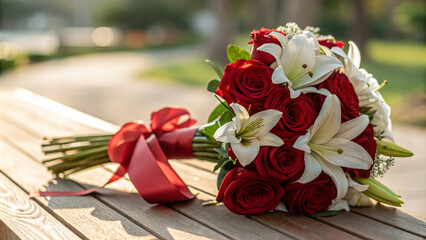 Obraz premium beautiful bouquet of red roses and white lilies tied with ribbon, perfect for romantic occasions. vibrant colors and fresh flowers evoke love and joy