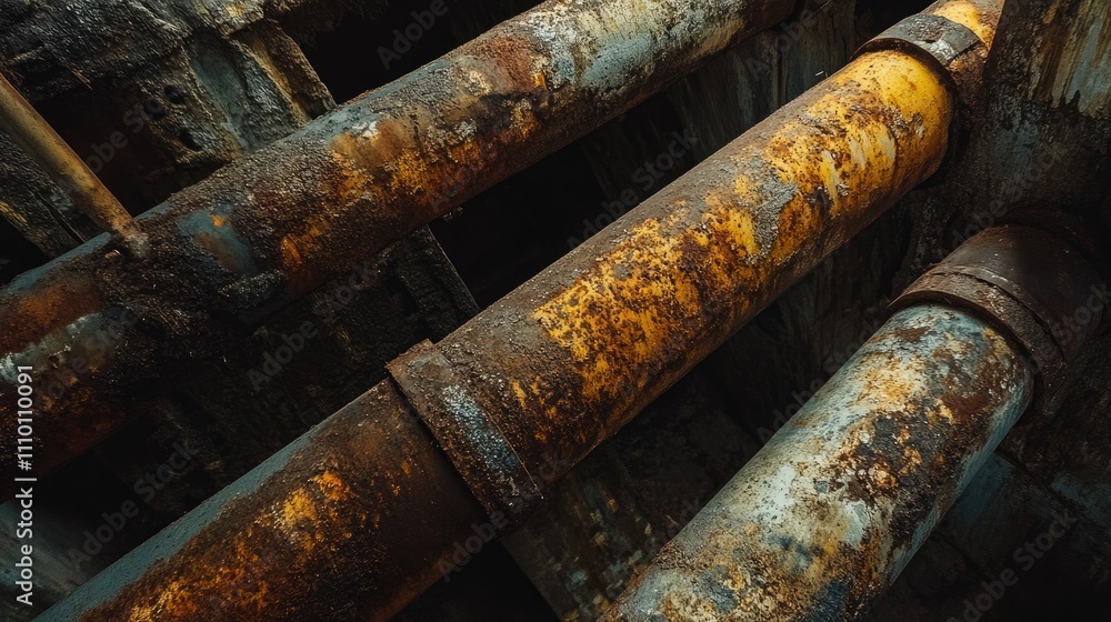 Poster rusted metal pipes stacked in an industrial space, emphasizing the aged and weathered texture, with 