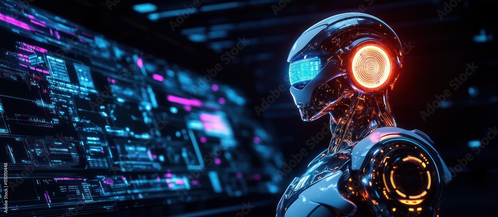 Poster futuristic robot analyzing digital data on a holographic screen.