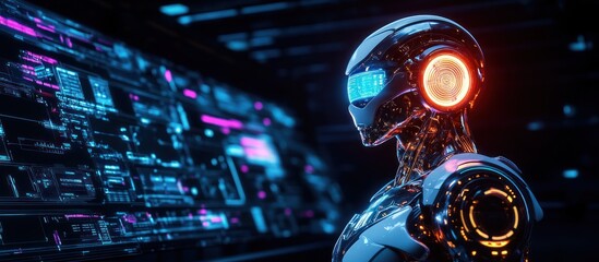 Futuristic robot analyzing digital data on a holographic screen.