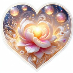 Valentine's Day illustration in the shape of a heart with pastel-colored flowers and leaves. The overall color palette is soft and soothing, featuring shades of golden, white, blue, pink, beige