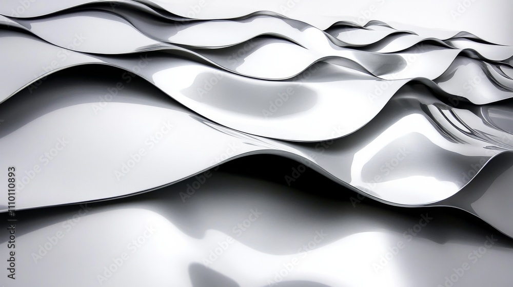 Poster abstract representation of flowing silver waves creating a modern metallic landscape in a minimalist