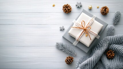 Fototapeta premium A top view of a festive Christmas and New Year setup with a gift box, knitted blanket, pine cones, and fir branches on a rustic white wooden background.