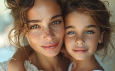 Fototapeta premium Close up portrait of two women with blue eyes