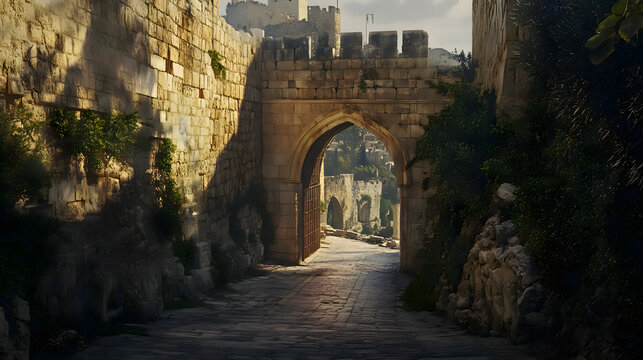 Landscape with arched tunnels of the streets of the old city of Jerusalem during the daytime