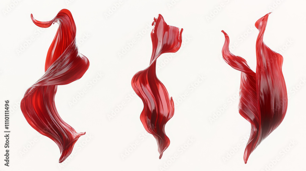 Poster dynamic red ribbons creating fluid brushstroke effect. abstract digital design elements with gradien