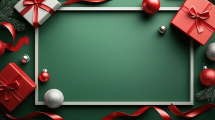 Christmas greeting card framed with red ribbons, wrapped gifts, and festive ornaments on a rich green backdrop, evoking a cheerful winter holiday and New Year spirit.