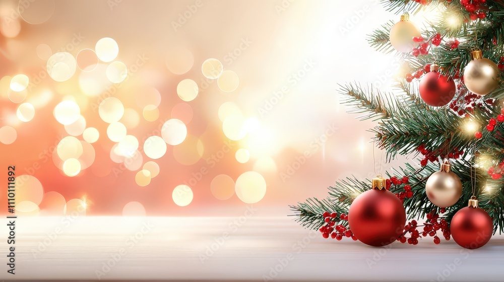 Poster close-up of a christmas tree adorned with shiny red baubles, with a soft bokeh background creating a