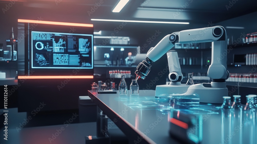 Poster robotic arm performing experiments in a futuristic laboratory.