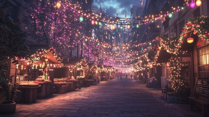 Naklejka premium Futuristic Christmas Market in Cyberpunk City - Vibrant 3D Render of High-Tech Street Fair with Colorful Lights and Festive Atmosphere