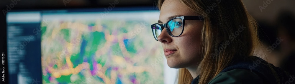 Aufkleber focused young woman analyzing data on computer screen with colorful map visualizations in modern wor