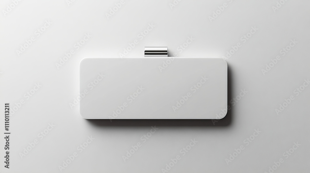 Poster Mockup of white rectangular pin badge displaying back view with metallic clasp and smooth blank surface ready for customization. Realistic 3d vector brooch for visualizing logo or branding concept.