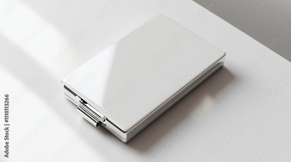 Poster mockup of white rectangular pin badge displaying back view with metallic clasp and smooth blank surf
