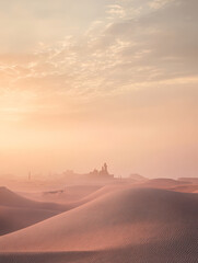 Obraz premium Serene desert landscape bathed in soft sunrise light over distant structures and dunes