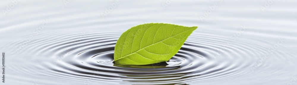 Poster serene green leaf floating on calm water surface creating circular ripples with soft reflections in 
